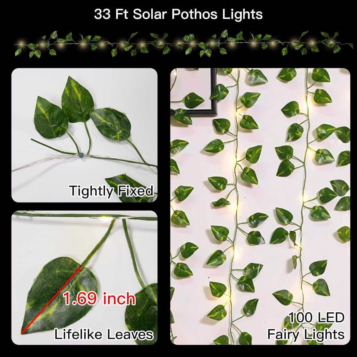 suddus Solar Fairy Lights, 33ft 100 Led Pothos Leaf Solar String Lights Outdoor Waterproof, 8 Modes Vines with Lights for Balcony, Deck, Patio, Garden, Fence,Wedding (Warm White)