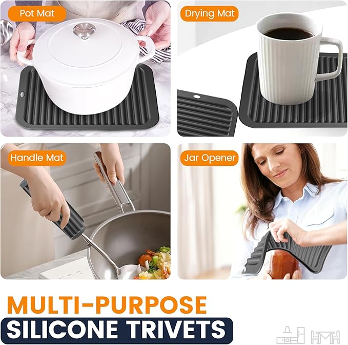 Silicone Trivet Mats 4 Heat Resistant Pot Holders Multipurpose Non-Slip Hot Pads for Kitchen Potholders, Drying mat, Jar Opener, Spoon Holder, Coaster.(Pitch Black)