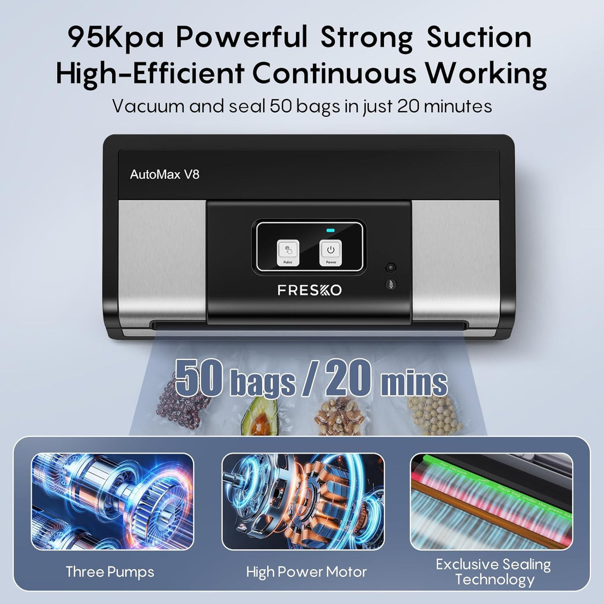 Fully Automatic Vacuum Sealer, 95Kpa Powerful Food Vacuum Sealer Machine, Auto Dry-Wet Detection | Bag Cutter | 2 Rolls Bags & 100 Pcs Precut Bags | Effortless Operation, Silver - Black