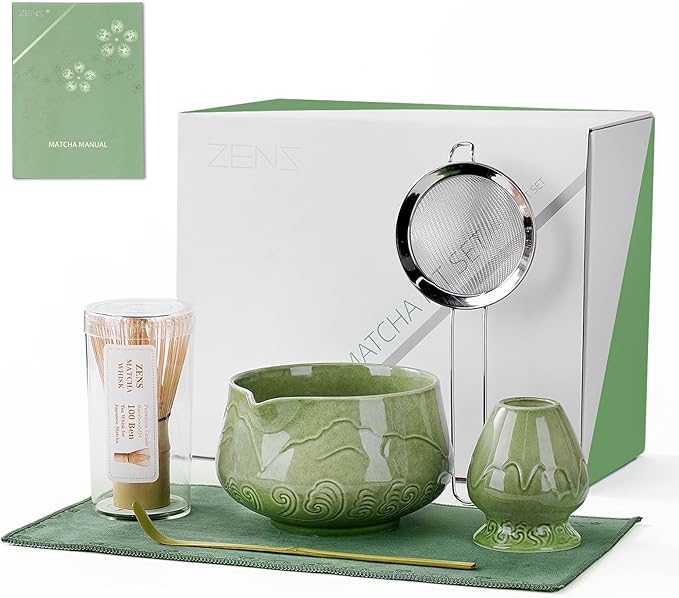 ZENS Matcha Whisk Set, 6Pcs Matcha Kit Set Includes Ceramic Bowl, Bamboo Whisk and Chasen Holder,Scoop, 304 Stainless Sifter & Tea Mat, Matcha Set for Tea Ceremony, Blue
