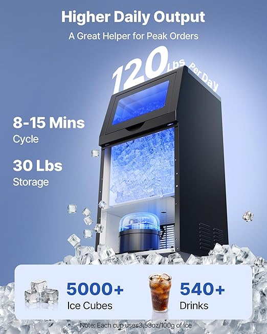 VEVOR Commercial Ice Maker Machine, 120 lbs/24h with 30 lbs Storage Capacity, Built-in/Freestanding/Under Counter, Stainless Steel Ice Maker with LED Display & Self-Cleaning, for Home Bar Restaurant