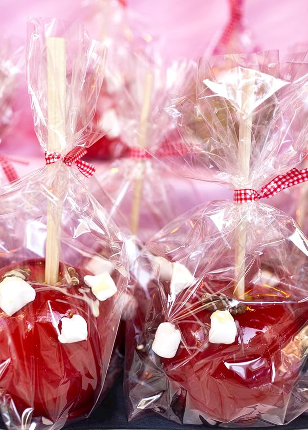 Ocmoiy DIY Candy Apple Kits - 100 Pcs Sticks and Bags With 50 Yard Gold and Silver Glitter Ribbons for Large Caramel Apple Lollipop Making Packaging Supplies