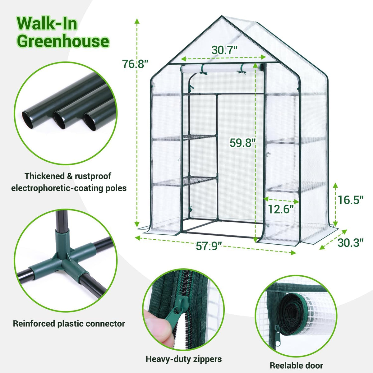 Ohuhu Small Greenhouse for Outdoors: 4 Tiers 6 Shelves Walk-in Indoor Green House Heavy Duty Plant Stands Reinforced Plastic PE Cover Mini Portable Warm House for Outside, 4.8x2.5x6.4 FT White