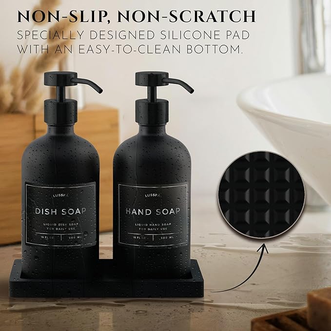 Glass Soap Dispenser Set of 2 (Black) with Silicone Tray | Hand and Dish Soap Dispenser for Kitchen and Bathroom | 16.8 Oz Glass Bottles with Stainless Steel Pump & 15 Waterproof Labels (Black)