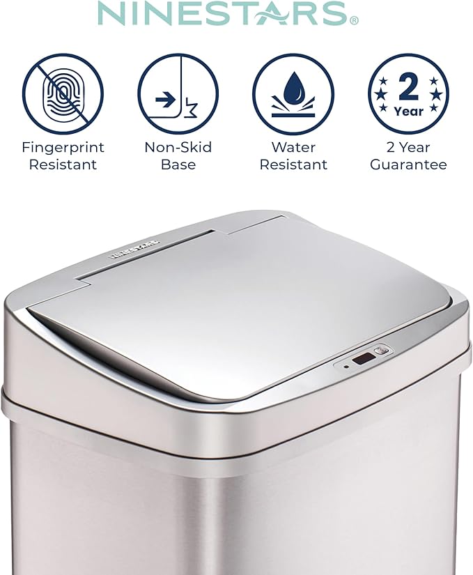 Ninestars 13 Gallon Automatic Trash Can, 50L Touchless Motion Sensor Garbage Can with Odor-Sealing Lid, Rectangular Stainless Steel, Silver Trim