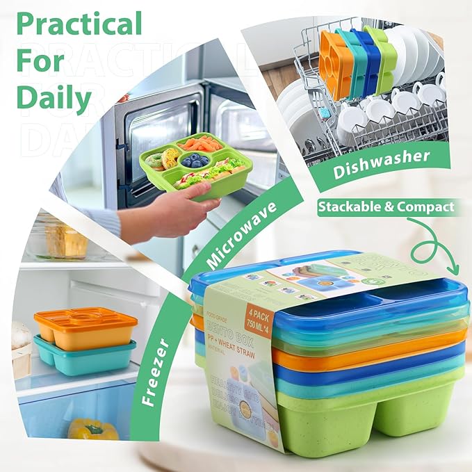 QQKO Bento Snack Box Containers for Adults Kids, 4 Pack Lunchable Meal Prep Containers Reusable, Stackable Bento Lunch Box, Food Storage Prep Containers with Lids and 4 Sauce Cups, Jewel Color