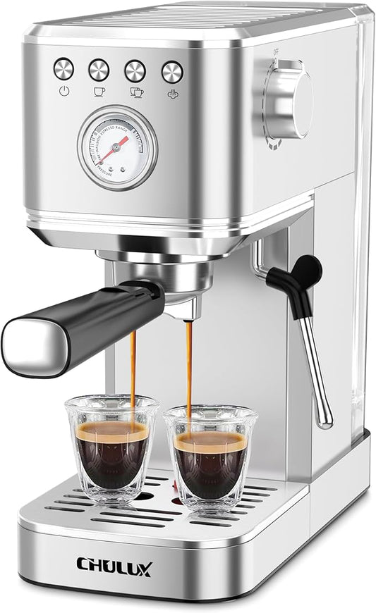 CHULUX Slim Espresso Machine with Milk Frother, 20 Bar Professional Italian Pump Espresso Coffee Machine for Home Cappuccino & Latte Maker, Stainless Steel, Silver