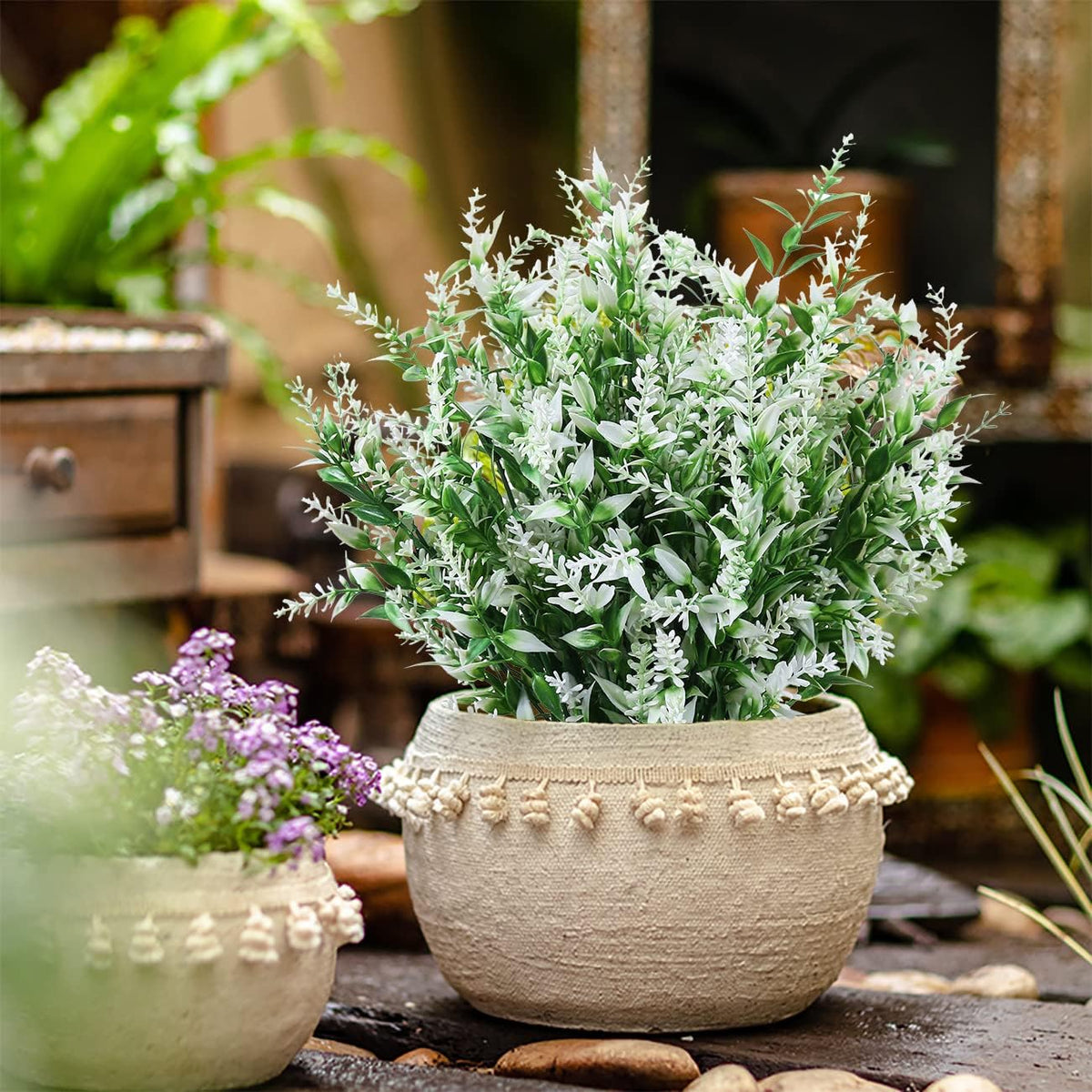 8 Pack Artificial Plants Flowers Grass Shrubs No Fade Faux Plastic Flowers Outdoor for Vases Farmhouse Garden Porch Patio Office Indoor Wedding Decoration Greenery Fake Plants (5#White)