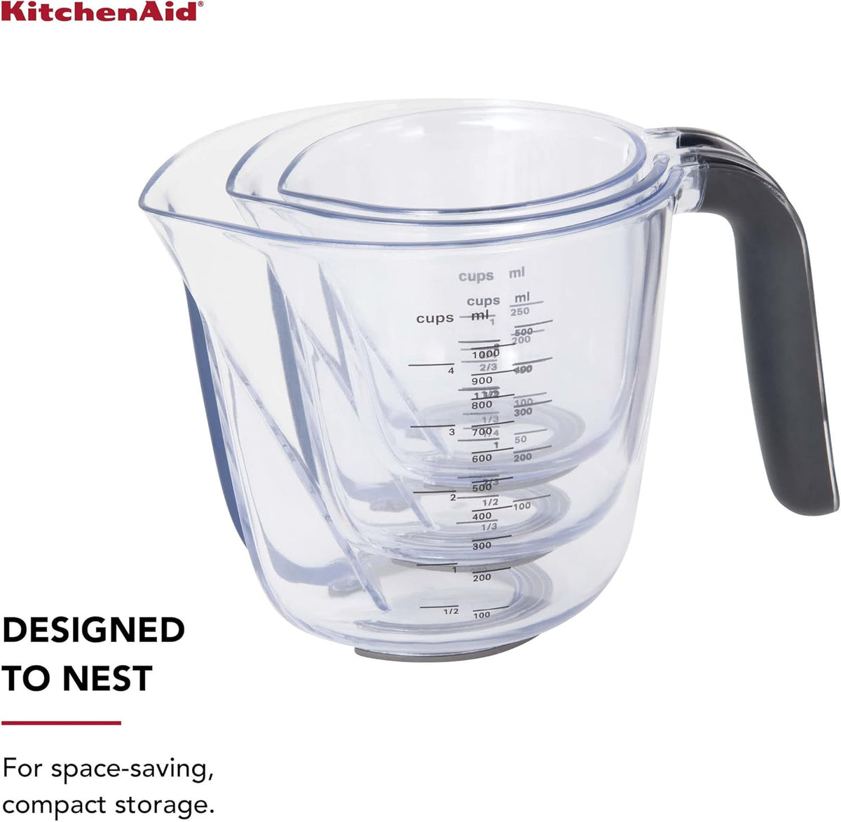 KitchenAid Universal Easy View Angled Measuring Cups, Set Of 3, Clear with Black Handles