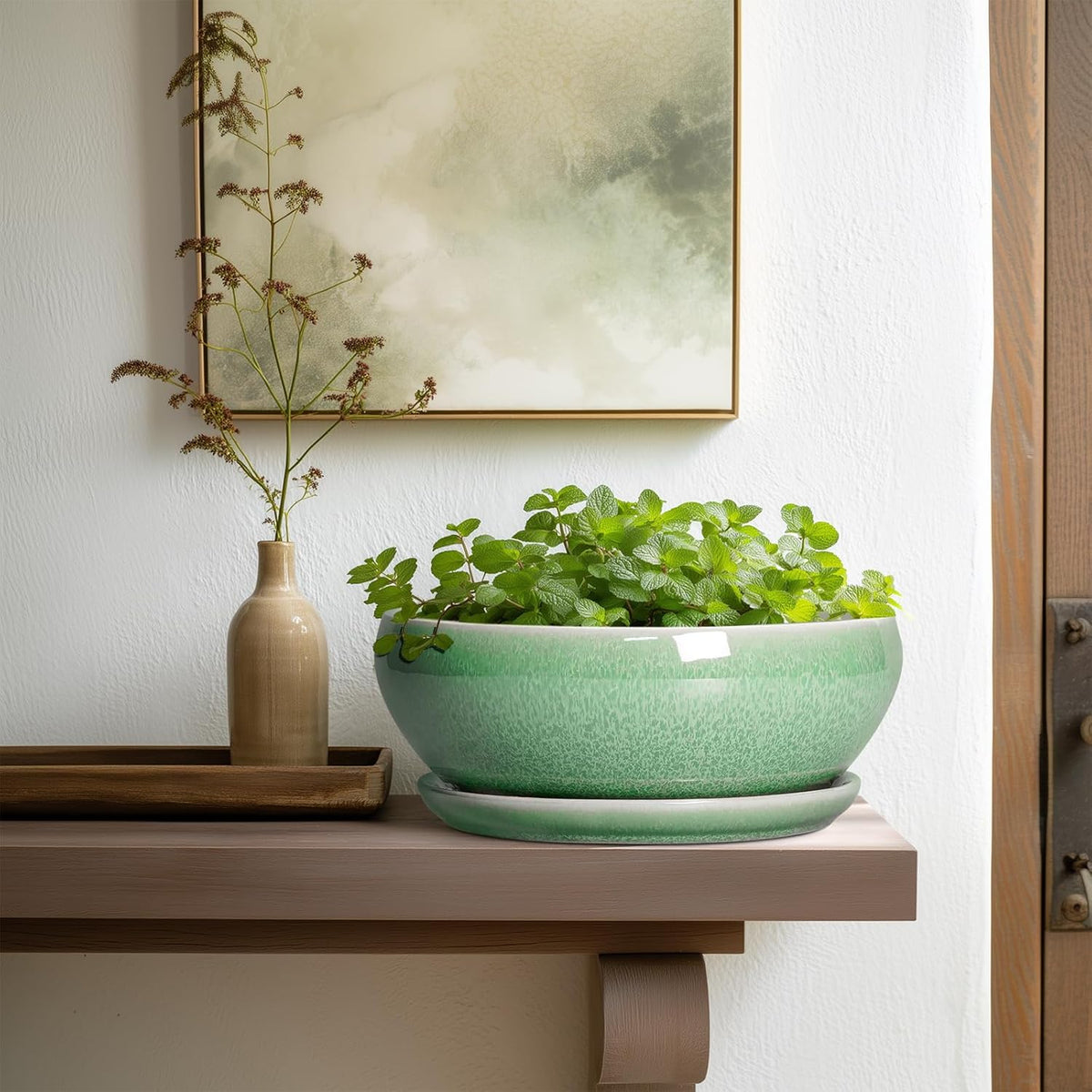 SQOWL Bonsai Pots - 10 Inch Ceramic Succulent Pots with Drainage Hole and Saucer, Shallow Planter for Indoor Plants Flowers, Round Planter Bowl, Living Room Decor, Plant Lover Gifts, Green
