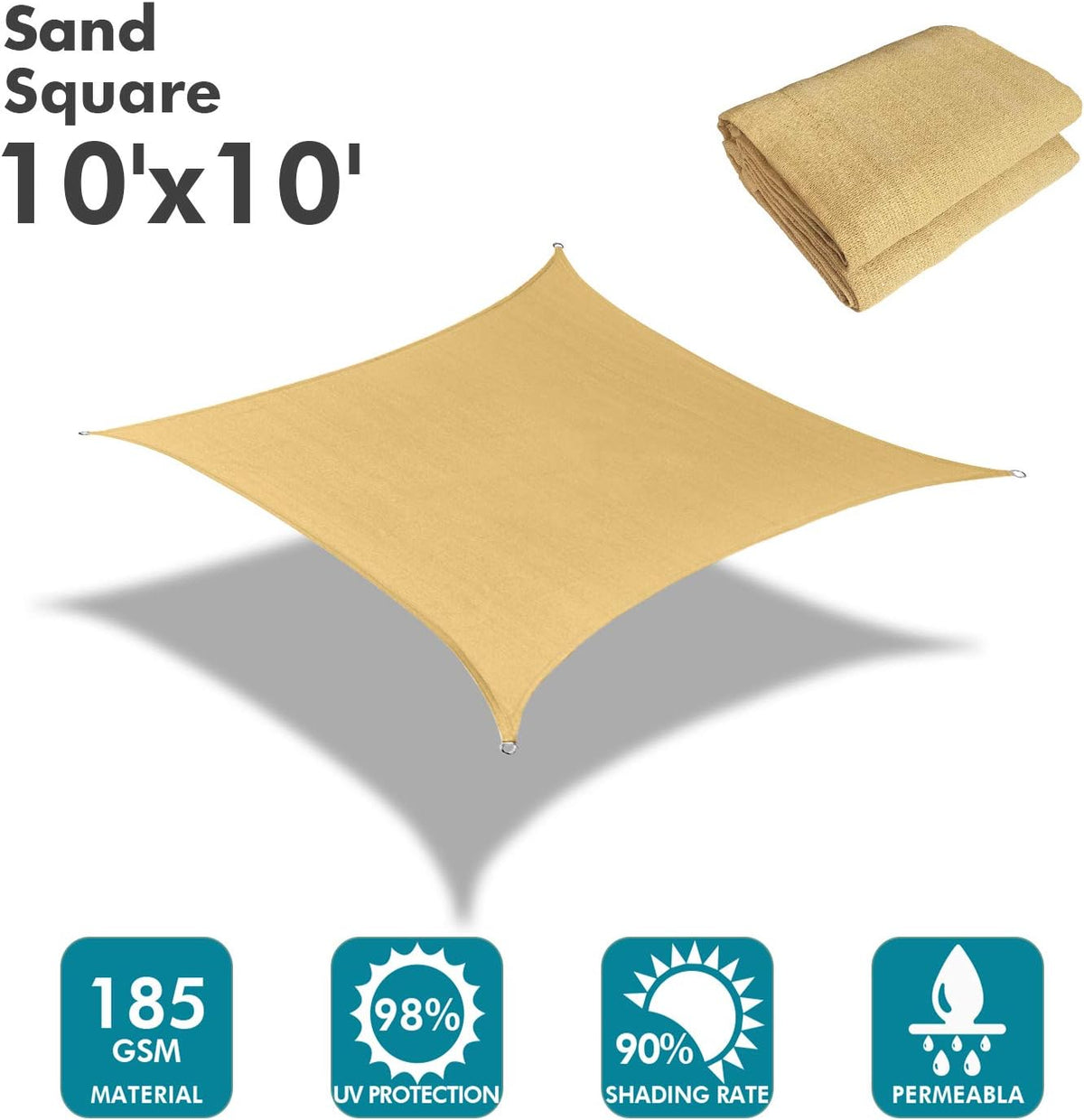 KANAGAWA Sun Shade Sail 10'x10' Sand Square UV Block Canopy Awning Shelter Fabric Cloth Screen for Outdoor Patio Garden Backyard Activities