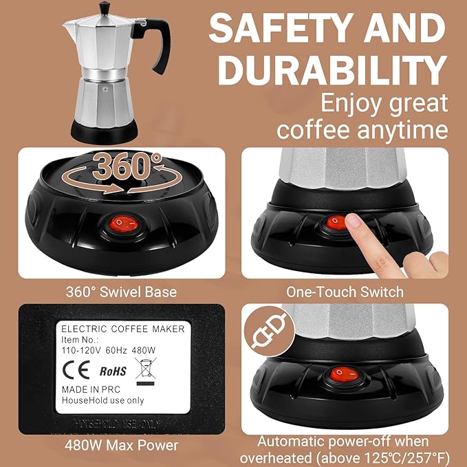 Silver Aluminum Electric Moka Pot, 3 or 6 Cups Espresso Maker with Dose Reduction Plate