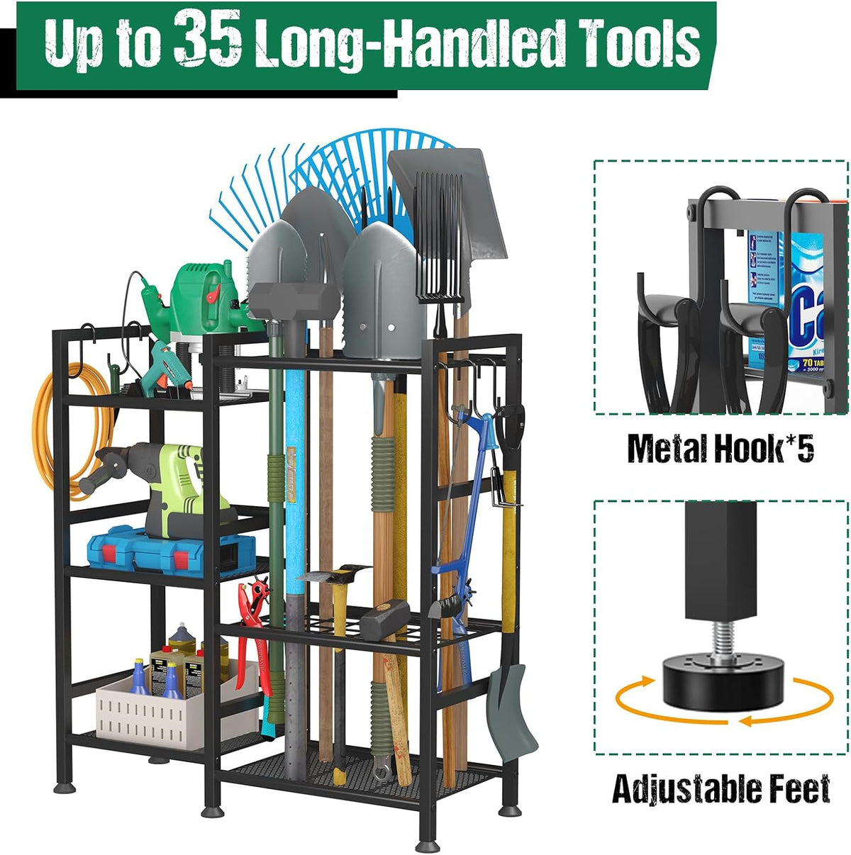 keomaisyto Garden Tool Organizer for Garage Organization, 3 Tier Yard Tool Storage Rack with 35 Long-Handled Tool Slots, Heavy Duty Garden Tool Holder with Large Hooks for Shed, Yard, Garage
