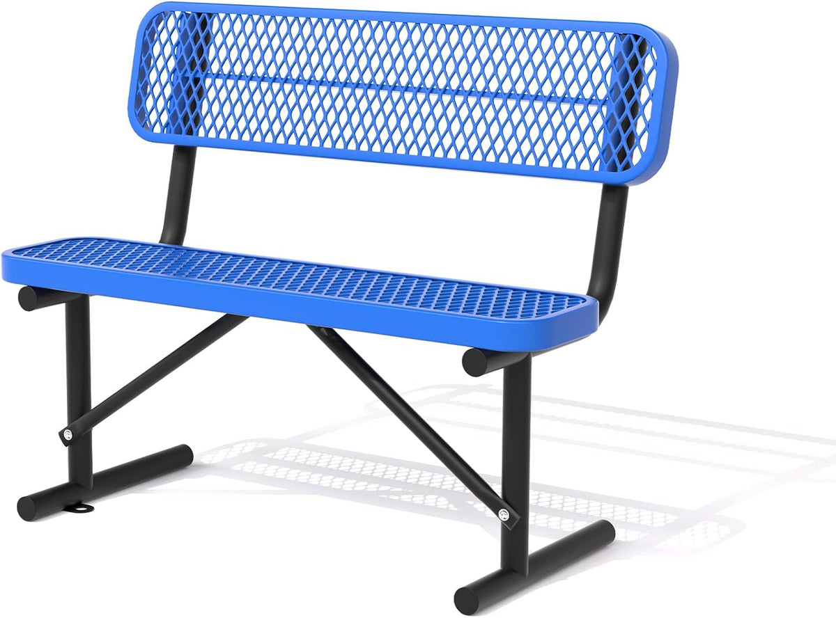 4 Feet Heavy Duty Metal Park Bench for Outside, Outdoor Bench with Backrest & Portable Frame, Commercial Benches for Shopping Malls, Stores, Parks, Patios, Decks, Blue