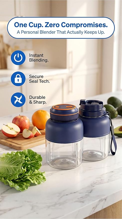 Portable Wireless Juicer Cup - 44 oz Cordless Blender with 38-Blade 18000 RPM High-Speed Motor, USB-C Rechargeable Personal Smoothie Maker for Gym, Travel, and Outdoors (Single Cup-Blue,44oz)