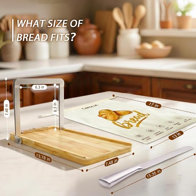 Adjustable Bread Slicer with Knife & Reusable Beeswax Storage Bags, Foldable Wood & Steel Slicing Guide for Homemade Sourdough Loaves up to 6.3”, Easy-Clean Detachable Fresh-Keeping Bags, 2-Pack Bundl