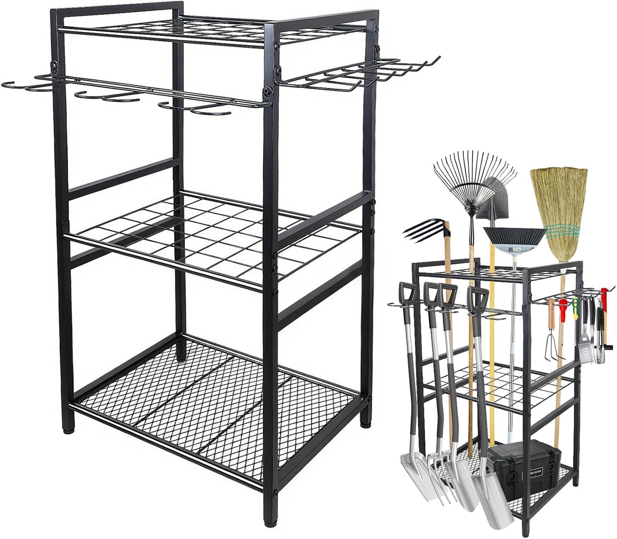 3 Tier Garden Tool Organizer, Yard Tool Tower Rack, Tool organizer up to 78 Tools, Heavy Duty Garden Tool Organizer for Garage, Yard, Patio, Shed, Indoors and Outdoors, Black