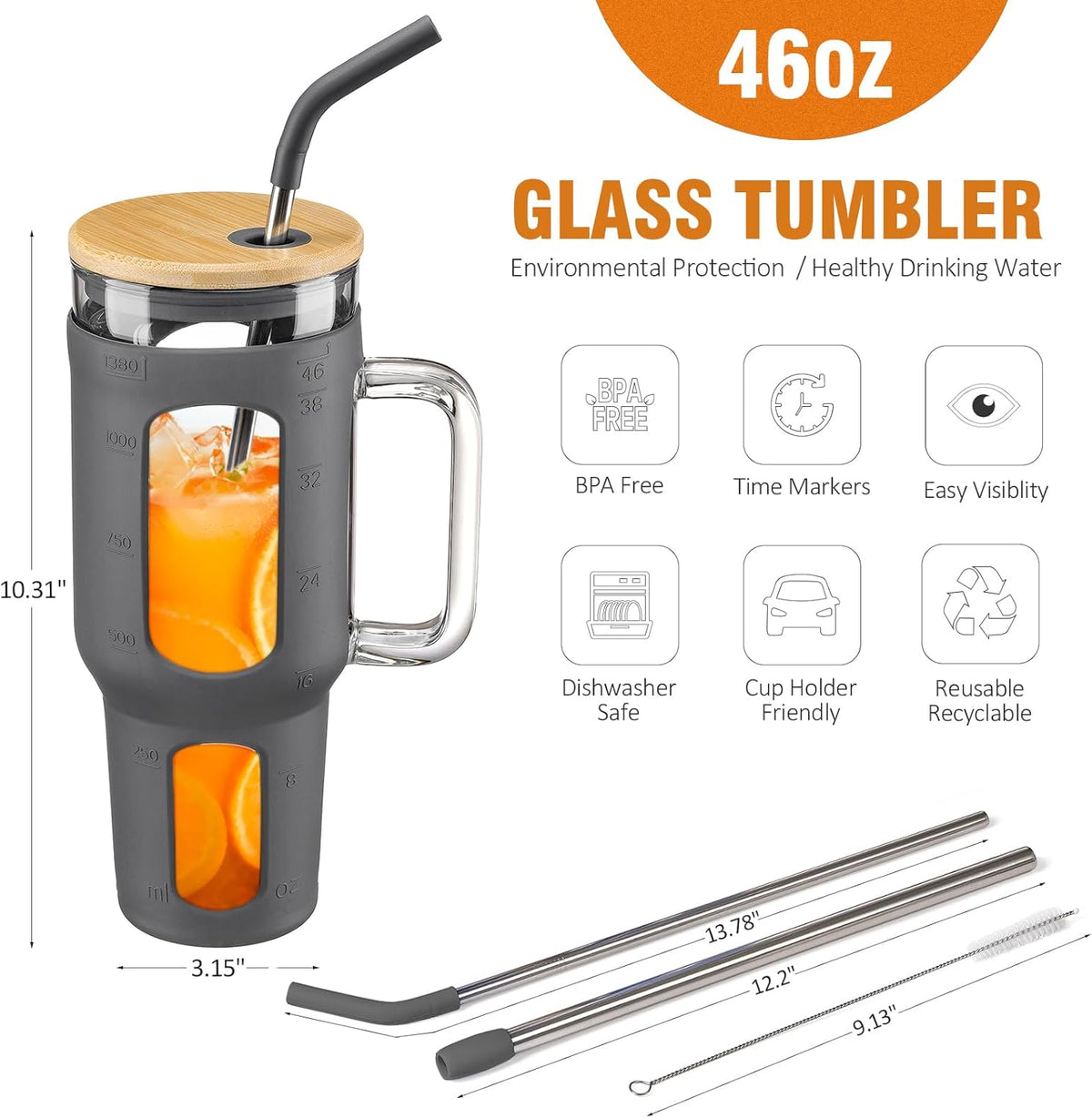 Glass Tumbler with Lid and Straw, 46 oz Iced Coffee Cup with Handle, Large Water Bottles with Silicone Sleeve, Glass Cup with Straws - Pearl Straw & Drinking Straw BPA Free-Grey