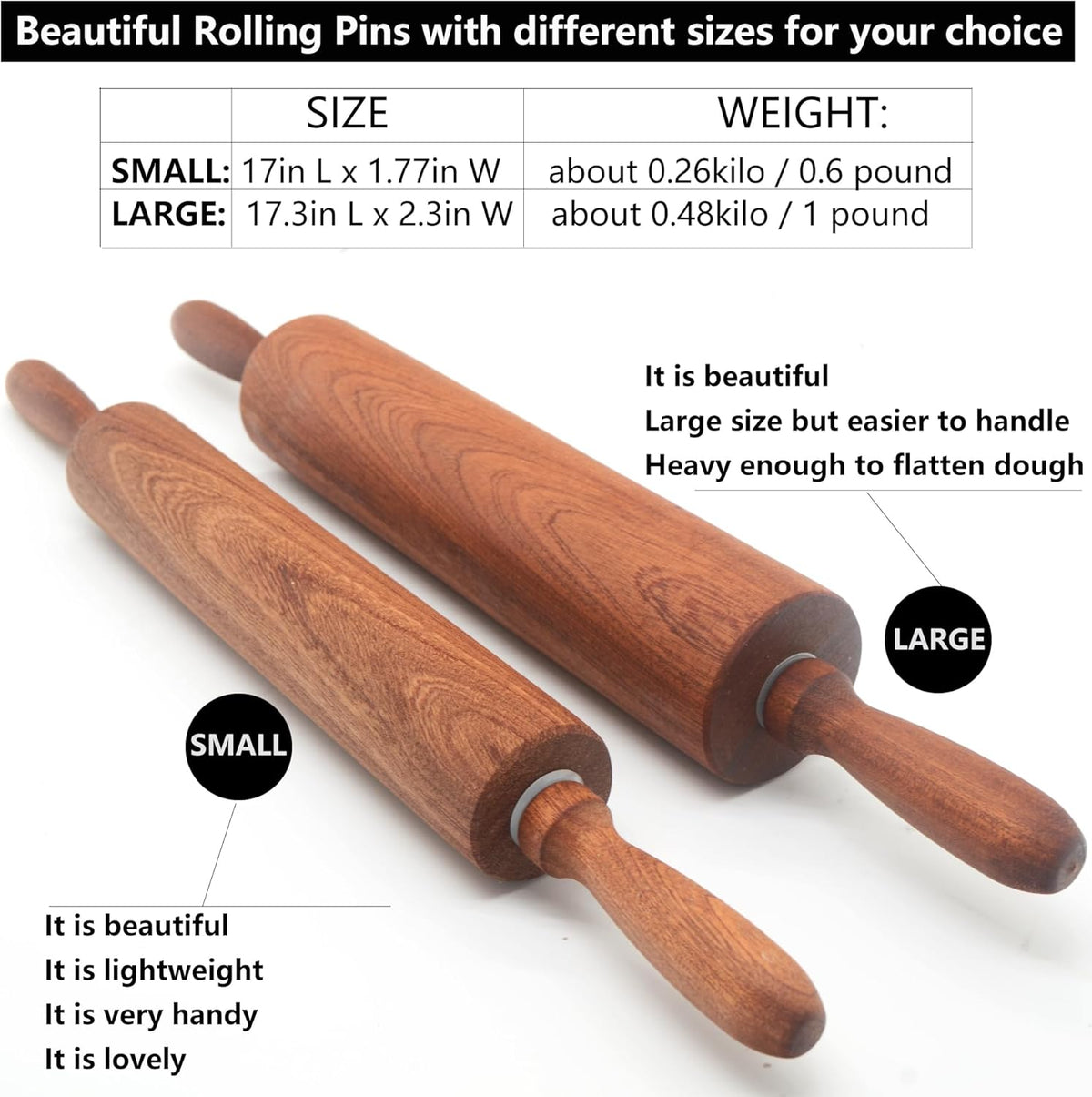 Classic Sapele Wooden Rolling Pin With Handles,Wood Baking Roller Large (17.3"L x 2.3"W)