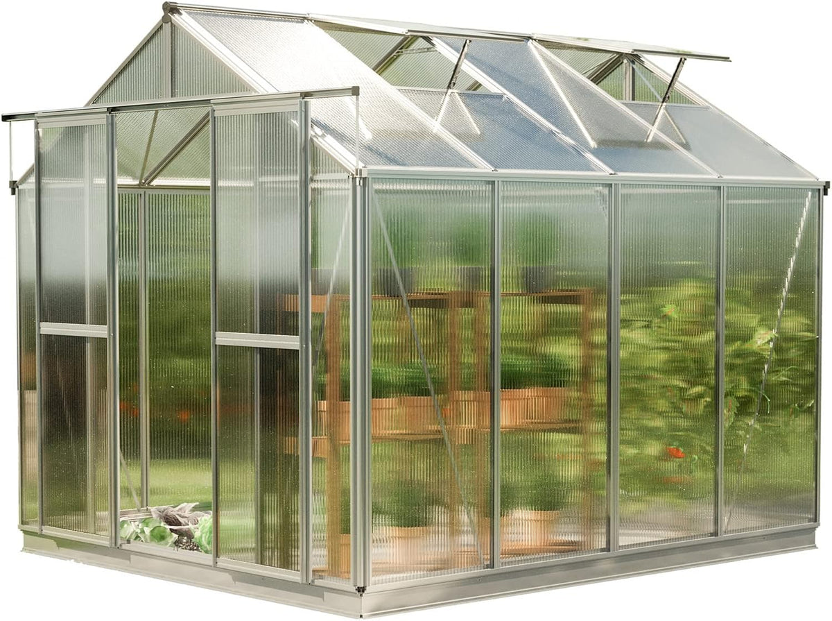 Greenhouse Saphir 4 Aluminum Frame 8.5 x 8.5 ft Approx. 6 mm Polycarbonate Panels - with Bonus Base Frame and Automatic Vent Opener