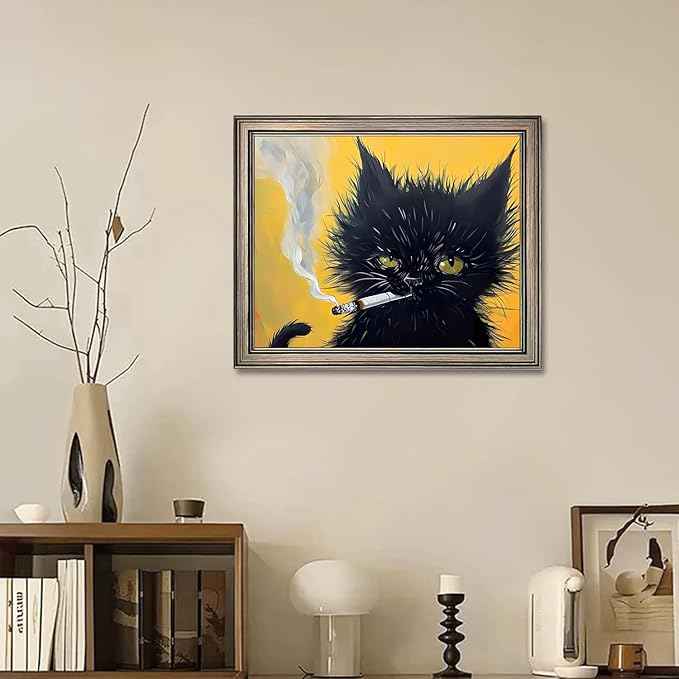 Vintage Framed Black Cat Painting Cat Portrait Wall Art Canvas Print Poster for Mens Room Living Room Bedroom Bathroom Home Decor