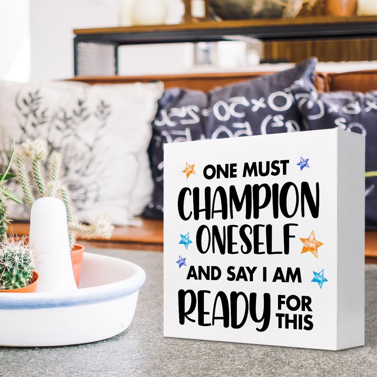 Inspirational Wood Sign One Must Champion Oneself and Say I am Ready for This Wood Block Box Plaque Sign for Home Office Shelf Desk Table Decorations