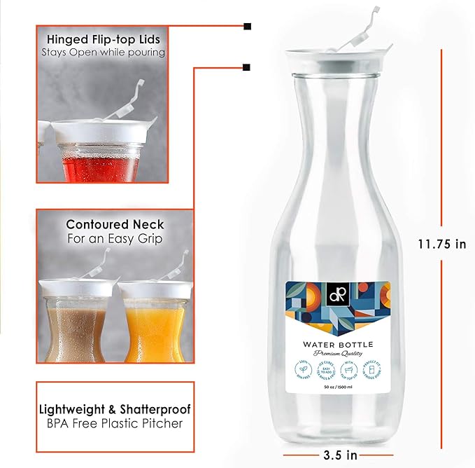 DecorRack 2 Large Water Carafes, Bottles with Flip Top Lid, 50 Oz Each, BPA-Free Plastic Juice Pitcher, Decanter, Jug, Serve Fridge Cold Iced Tea, for Outdoors, Picnic, Parties, NOT DISHWASHER SAFE