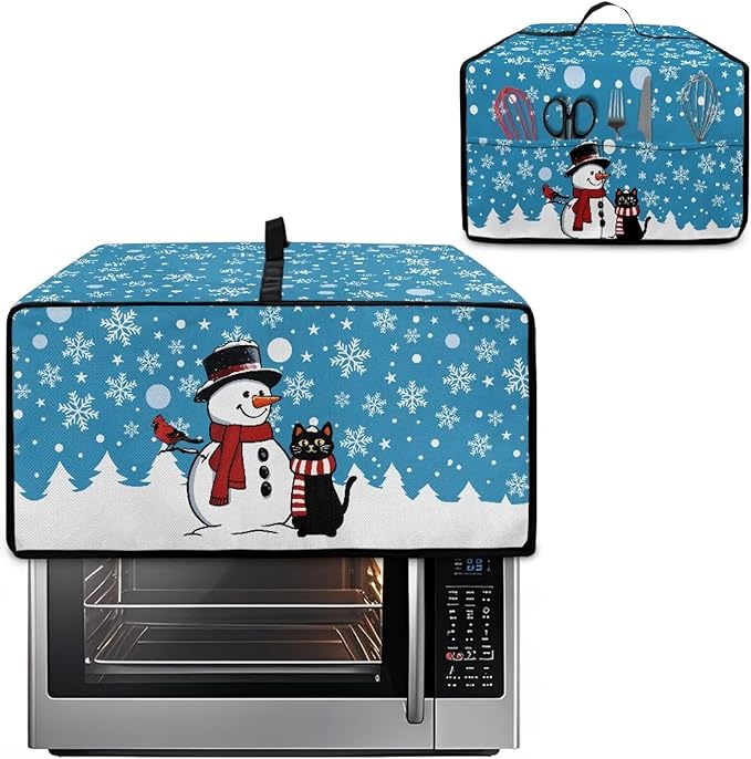 Microwave Oven Cover Air Fryer Toaster Oven Dust Cover, Stain-resistant Small Electric Appliance Protector, S, Snowman Black Cat Snowflake Blue Christmas Decorations