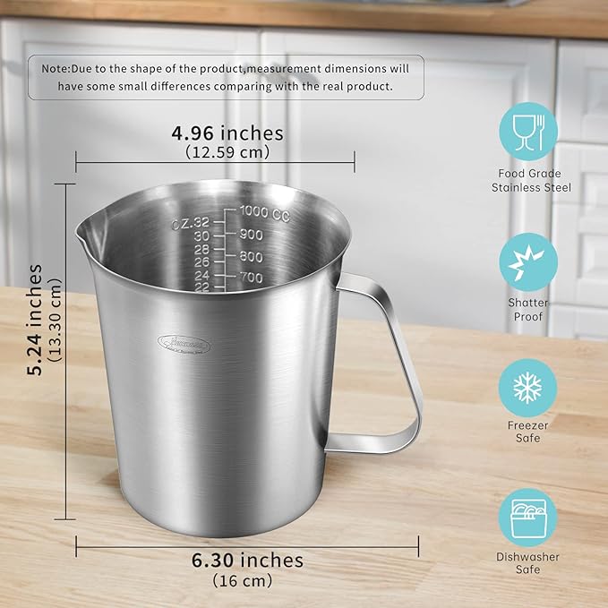 Newness Measuring Cup, [Upgraded, 3 Measurement Scales, Including Cup Scale, ML Scale, Ounce Scale], Stainless Steel Measuring Cup with Marking with Handle, 32 Ounces (1.0 Liter, 4 Cup) (Pack of 2)