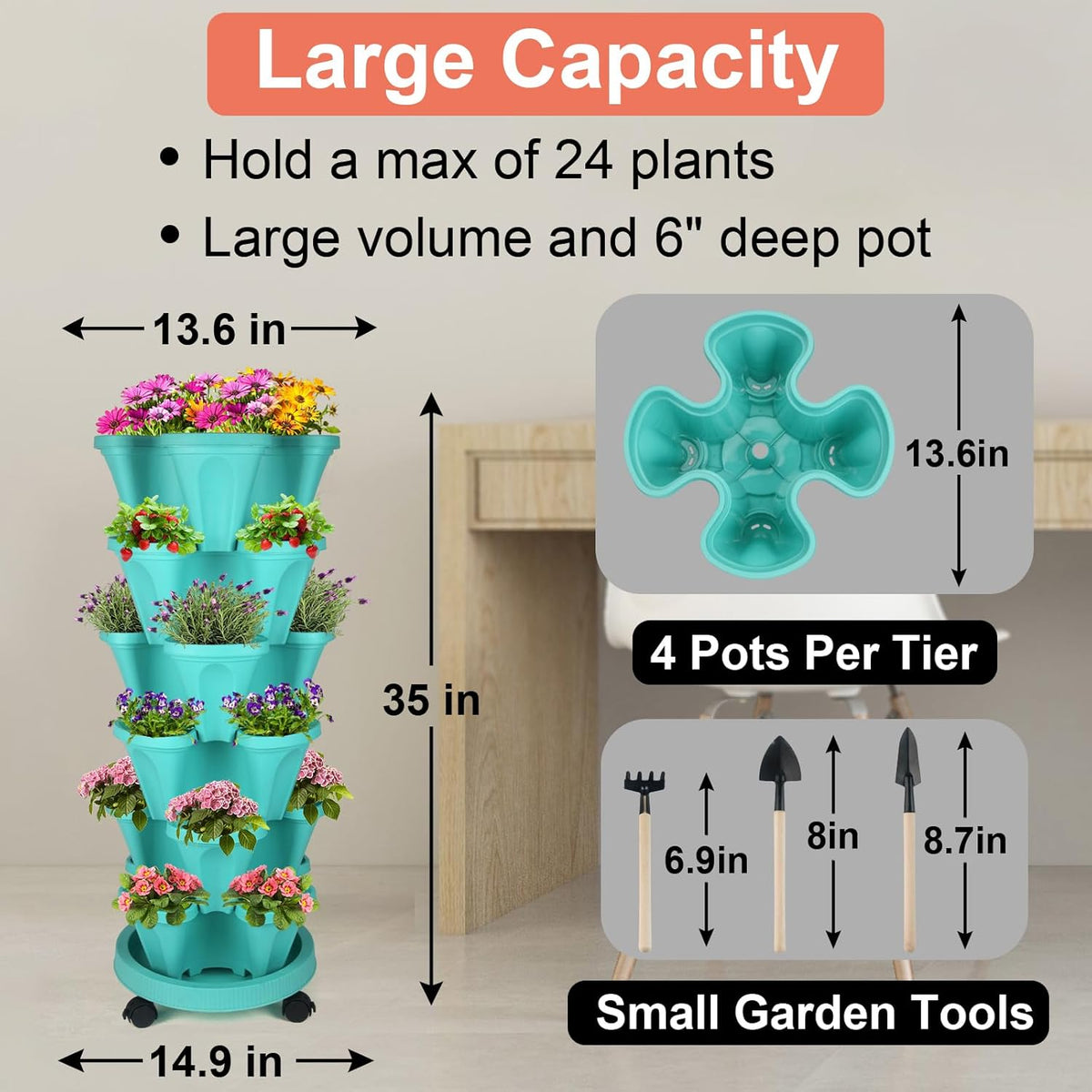 DUNCHATY Stackable Planter, Vertical Garden Planter with Wheels and Tools, Self Watering Strawberry Planter Indoor/Outdoor 6 Tier Herb Planter Pots for Growing Vegetables and Succulents, Teal