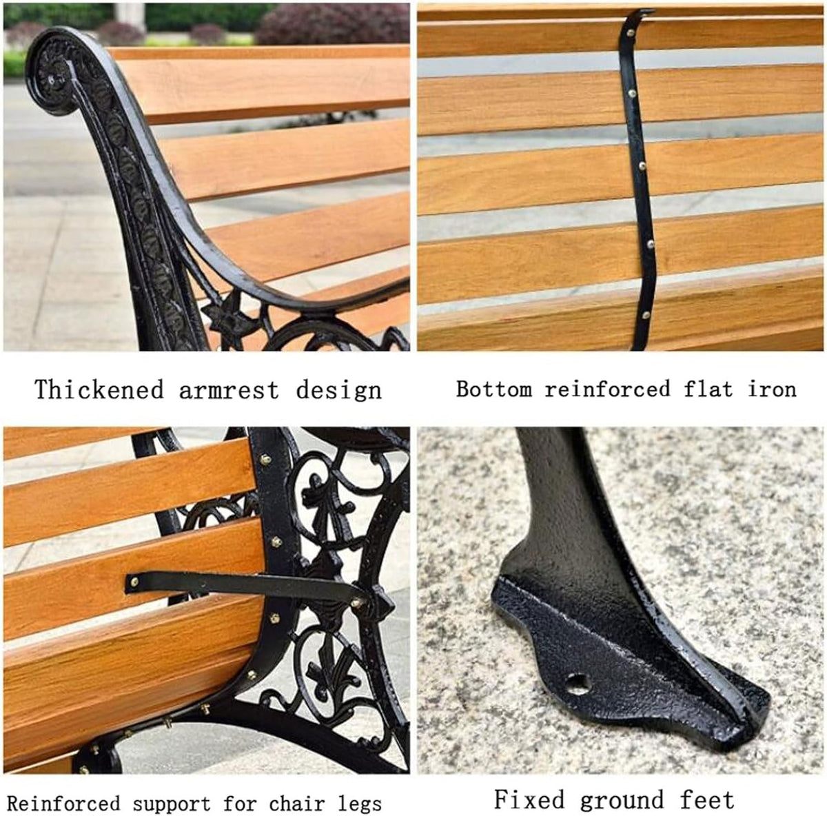Outdoor Bench, Porch Bench, Garden Park Bench, Cast Aluminum Preservative Wood Bench with Backrest and Armrests for 2-3 People Porch/Deck/Patio Furniture(Teak+Black Legs,125CM)