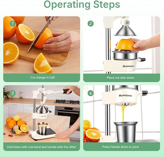 Cast Iron Juicer, 17"Tall & Sturdy Flat Base | Heavy-Duty Manual Hand Press Juicer For Orange Lemon Lime Pomegranate & Citrus, Orange Squeezer, Stainless Steel Cup, Easy to Clean, White