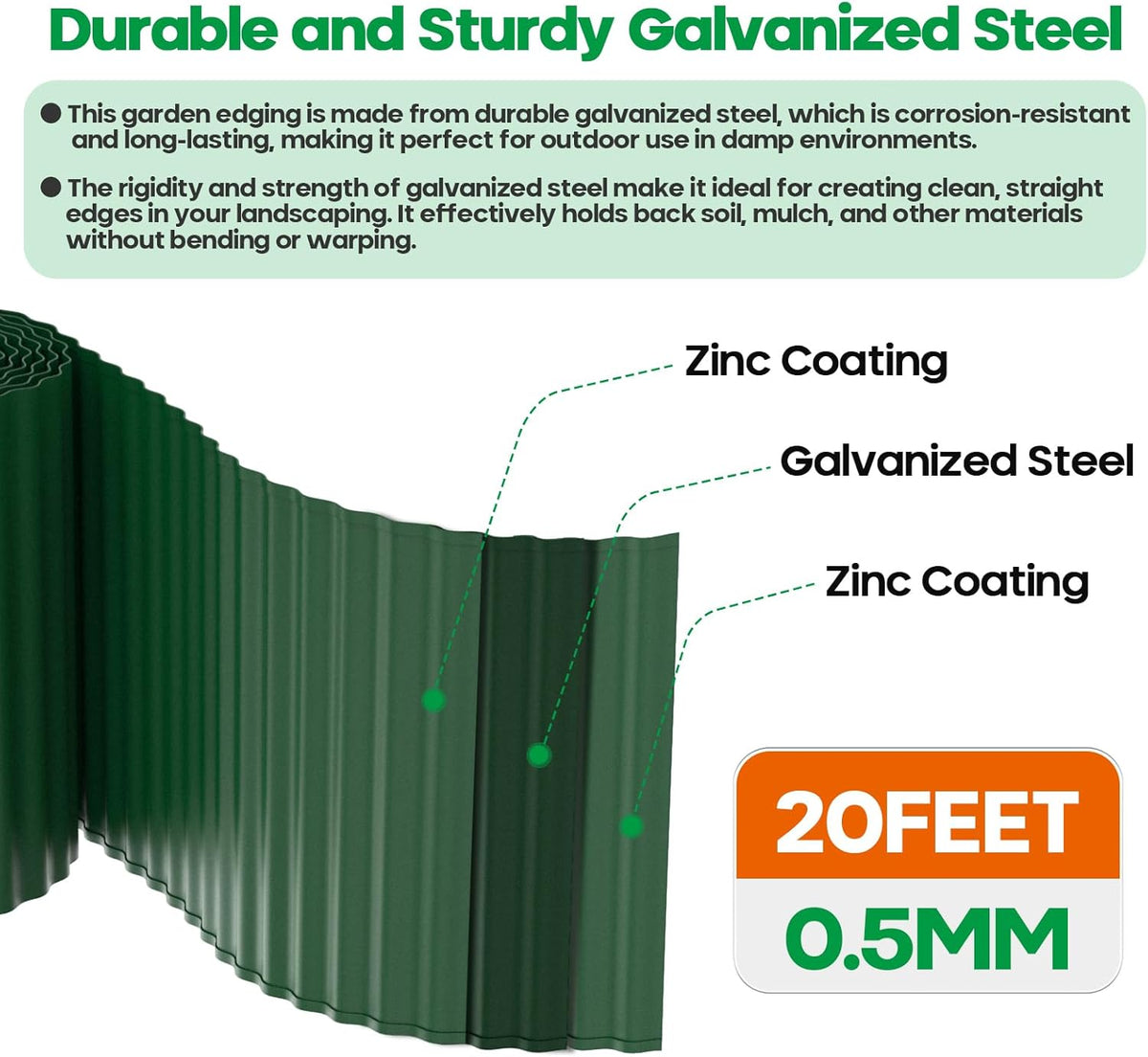 Corrugated Metal Garden Edging,Sturdy Tall Landscape Edging Borders with 6pcs Anchor Stakes, Perfect DIY for Flower Beds, Lawn and Pathway,Tree Surrounds,Paver Edges (Green 8"×20FT)