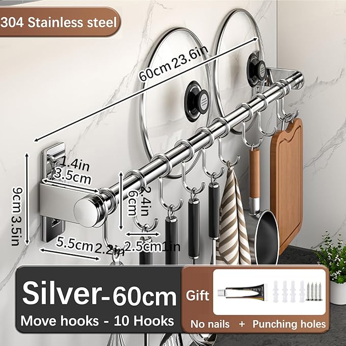 Hanging Wall Mount knife Wall Mount, Kitchen Organizer Storage Shelf for Utensils Spatula Spoon, Space-Saving Knife Rack with Hooks,Wall-Mounted Utensil Holder (Silver, 60CM+Single Pole+10Hooks)