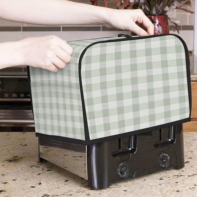 2 Slice Toaster Cover,Spring Light Green Gingham Checkered Plaid Small Kitchen Appliance Bread Machine Cover with Pockets,Dust & Fingerprint Protection