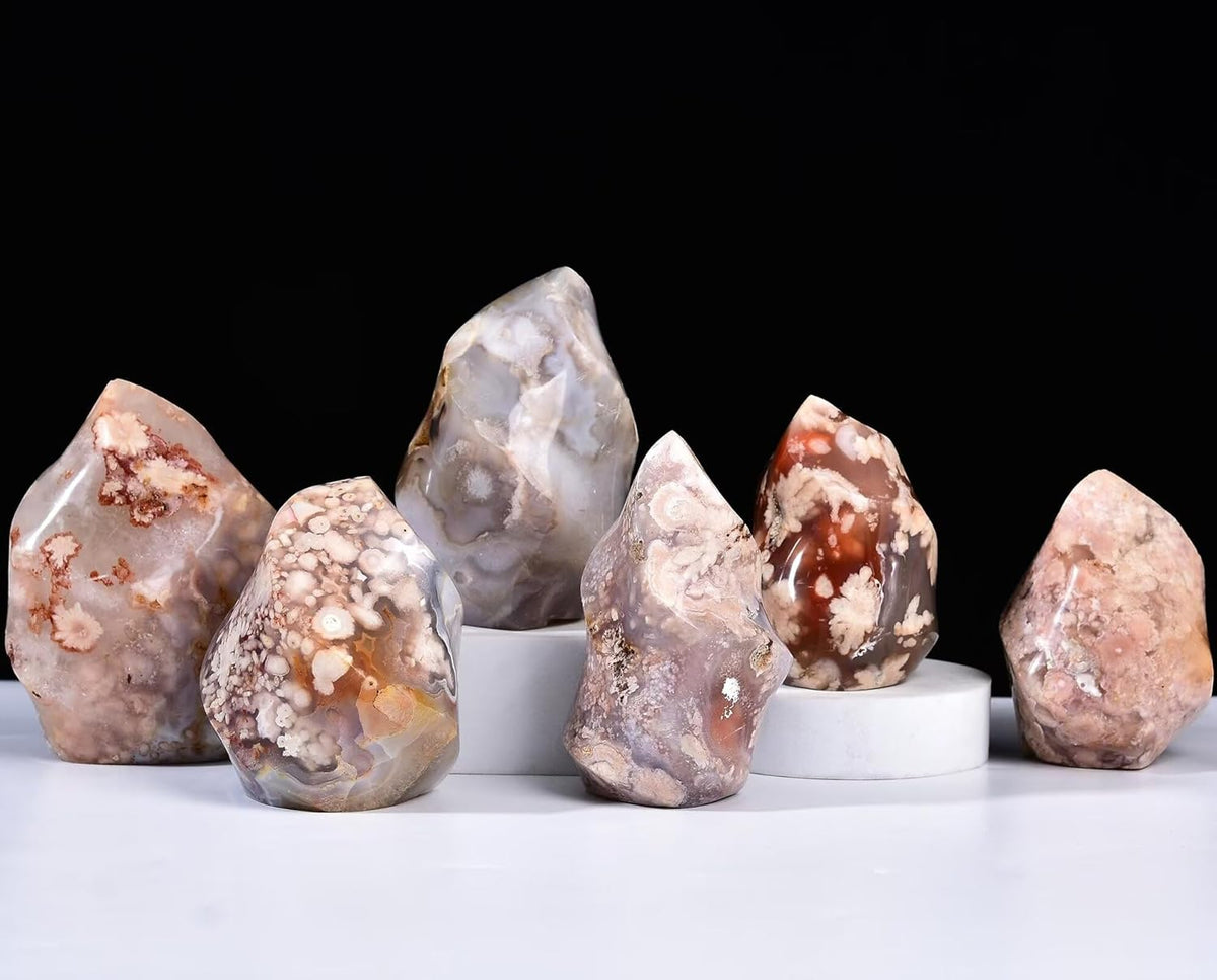 AMOYSTONE Cherry Blossom Agate Flame Shaped Stone Towers Obelisk Flower Agate Natural Healing Crystal Quartz Reiki Energy Decoration Home Office 1.0-1.5LBS