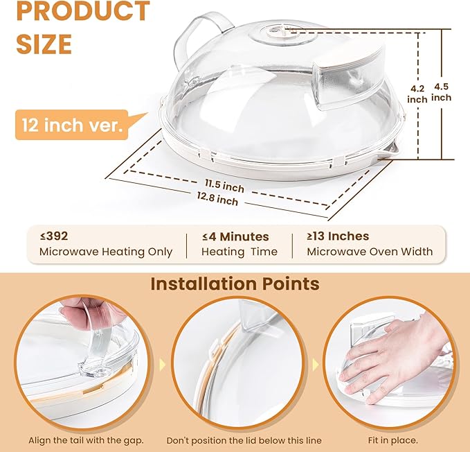 Gracenal Microwave Food Cover, 12 Inch Microwave Splatter Cover with Water Steamer and Integrated Handle, White Clear Splatter Guard Microwave Cover for Food, Microwave Lid Gifts for Mom