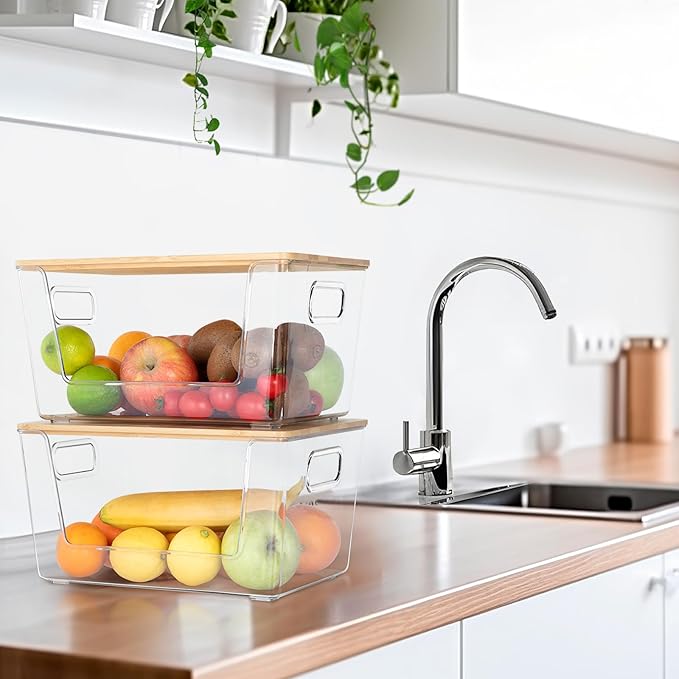 4 Set Pantry Organizer and Storage, Stackable Trash Bag Dispenser Clear Acrylic Kitchen Counter Pantry Baskets for Potato, Onion, Produce, Fruit, Vegetable, Snack, Trash Bag Holder with Bamboo Top