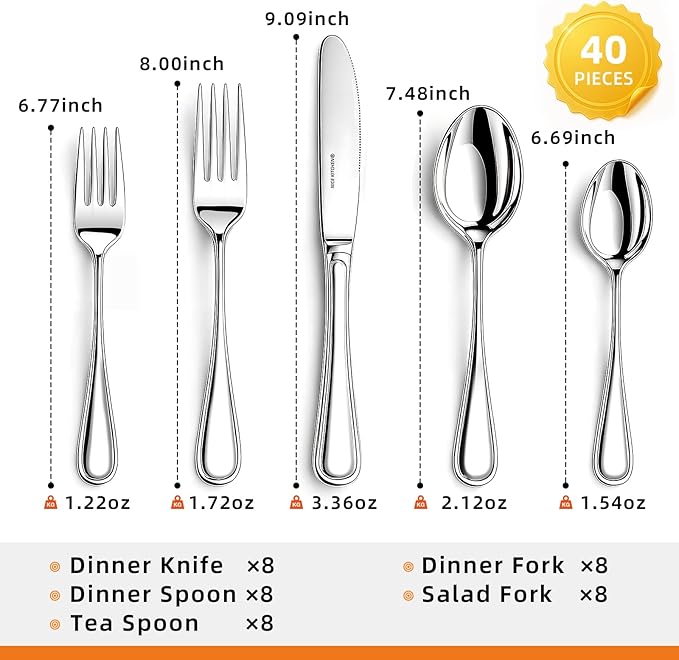NICE KITCHEN Silverware set for 8,40 Pieces Premium Stainless Steel Silverware set,Mirror Polished Cutlery Set,Flatware Set for 8,Dishwasher Safe,Luster Series