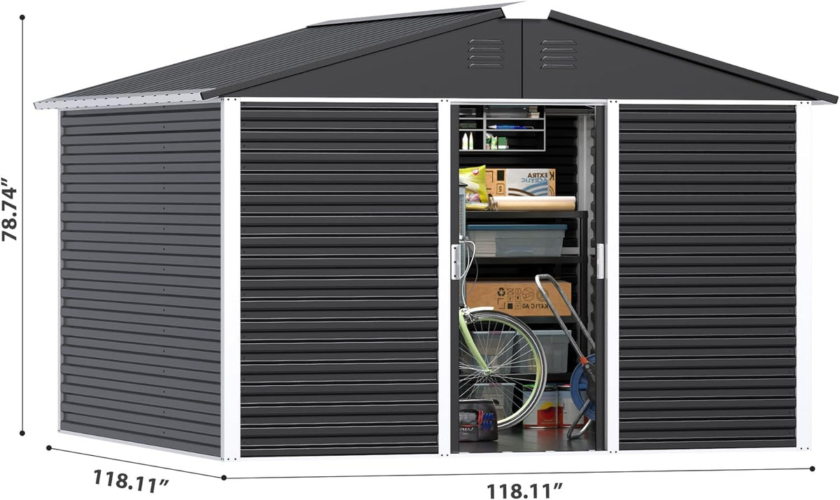 Metal Outdoor Storage Shed 10FT x 10FT, Steel Utility Tool Shed Storage House with Sliding Door, Metal Sheds Outdoor Storage for Backyard Garden Patio Lawn, Black