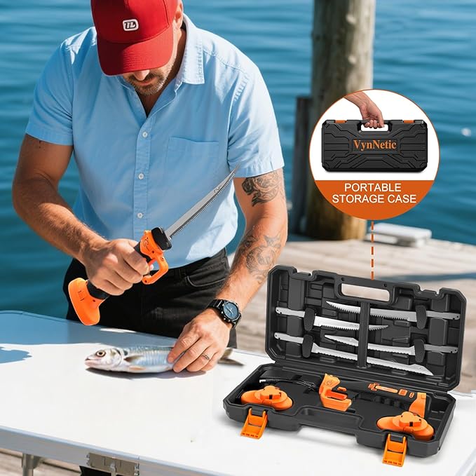 Electric Fillet Knife for Fish - Rechargeable Cordless Electric Knife With Non-Slip Grip Handle & 4 Ti-Nitride S.S. Coated Non-Stick Blades, 2 Batteriess Charger and Case For Fishing