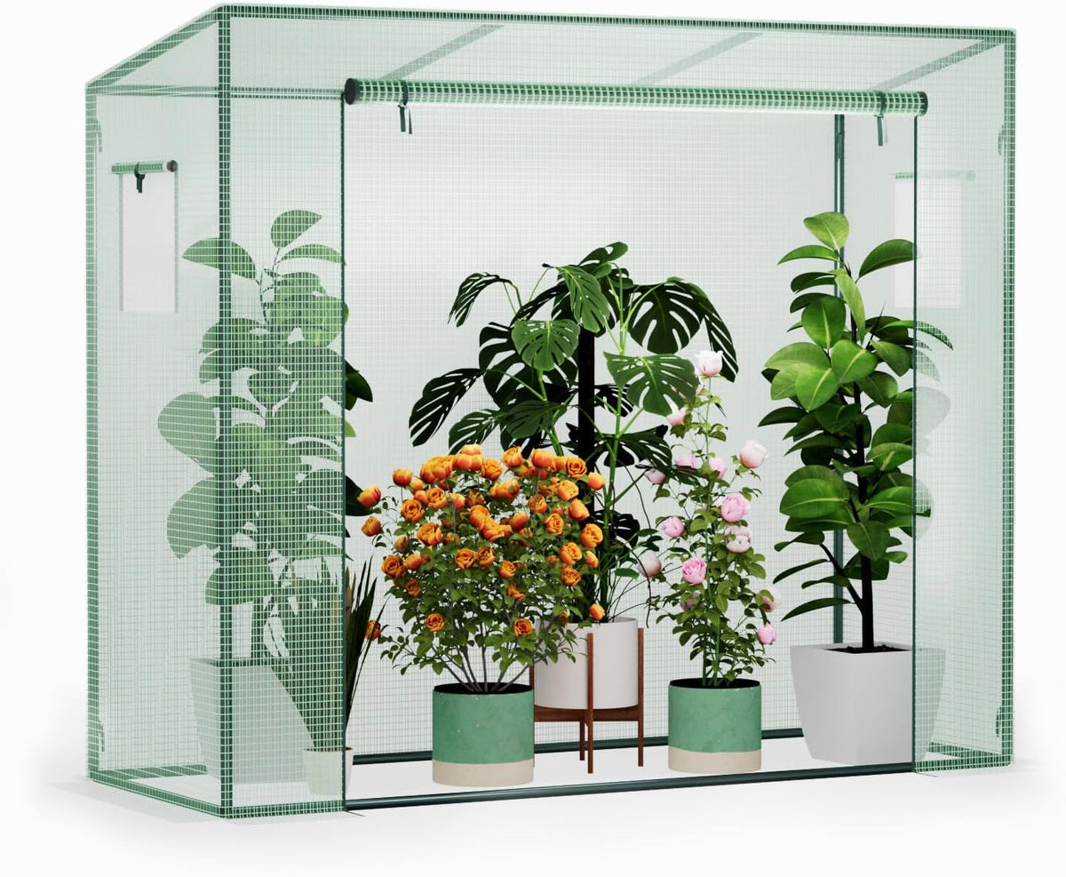 Greenhouse, Phonjoroo Lean to Small Greenhouse w/ 2 Side Windows & Zipper Rolling Door Tomato Greenhouses w/ Thicken PE Cover Outdoor Plant House Portable Small Hot House Winter Storage