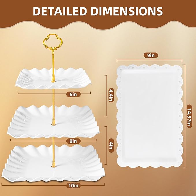 10 Pack Dessert Table Display Set - 4 x Three-Tier Square Cupcake Stands and 6 x Serving Trays, Elegant Tableware for Cakes, Cupcakes, Pastries, and Snacks, Perfect for Parties (Pink)