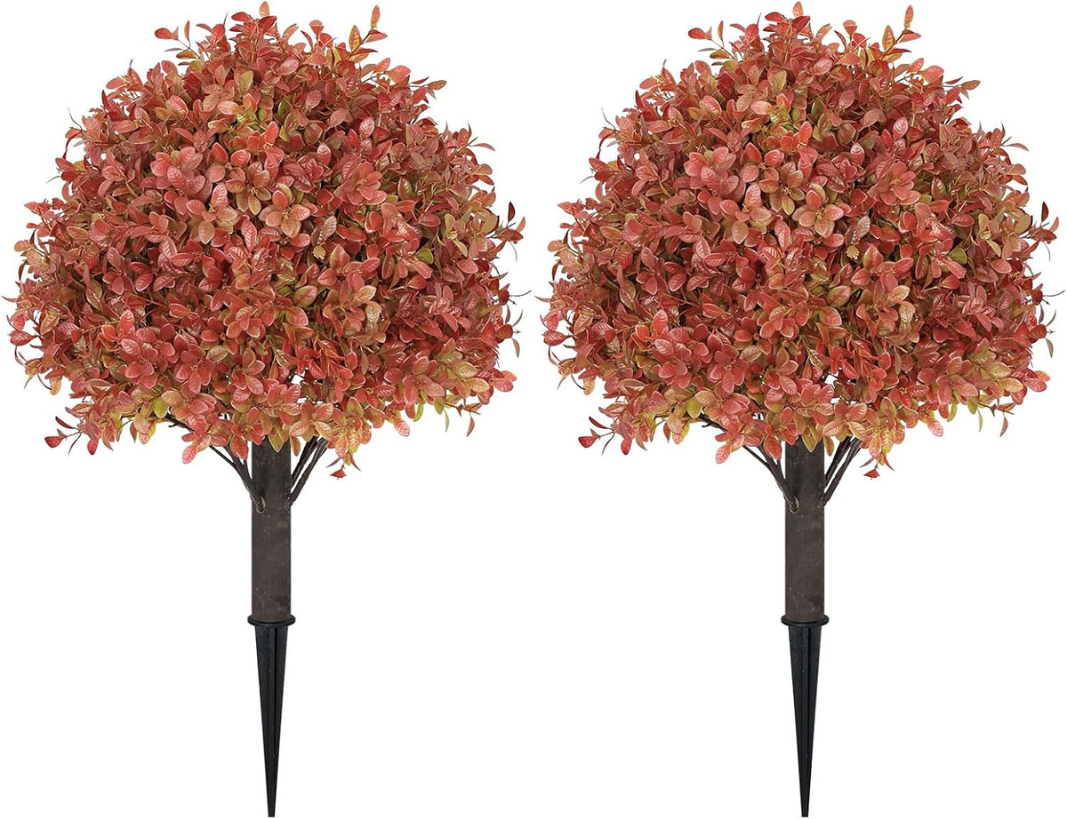 24" Tall Artificial Boxwood Ball Fall Topiary Trees Set of 2, UV Resistant Large Faux Plants Outdoor, 2ft Fake Bushes and Shrubs Look Real with Stake for Front Porch Outside Planter Backyard Decor