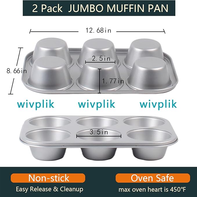 Nonstick jumbo Muffin Pans 6 Cups，2 Pack Extra Large Cupcake Tins for Baking，Premmium Non-stick Coating for Non-Toxic,Heavy Duty Carbon Steel, 3.5 dia,Deep Muffin Tray