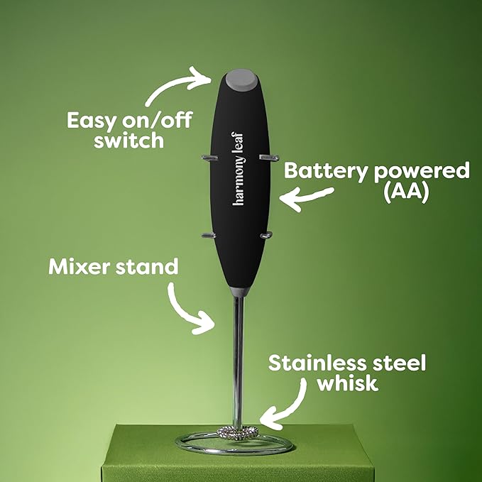 Harmony Leaf Handheld Milk Frother, Stainless Steel Electric Drink Mixer with Stand, Battery Operated Coffee Frother for Lattes, Matcha, Hot Chocolate and More, Black
