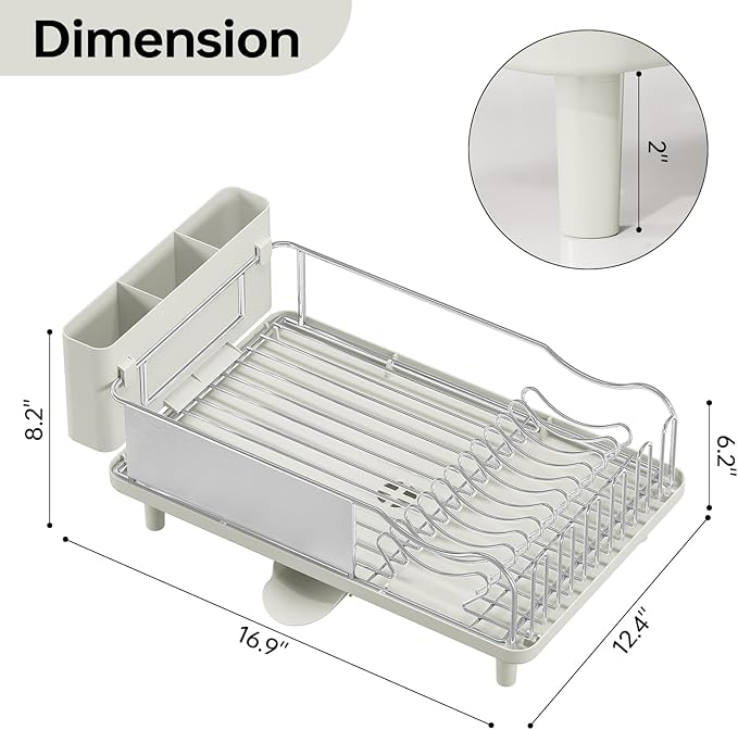 Stainless Steel Dish Drying Rack - Large Capcity 304 Grade Dish Drainer for Kitchen Counter with Drain Board, Utensil Holder & Detachable Cup Shelf, Rustproof Multifunctional Organizer, Light Green