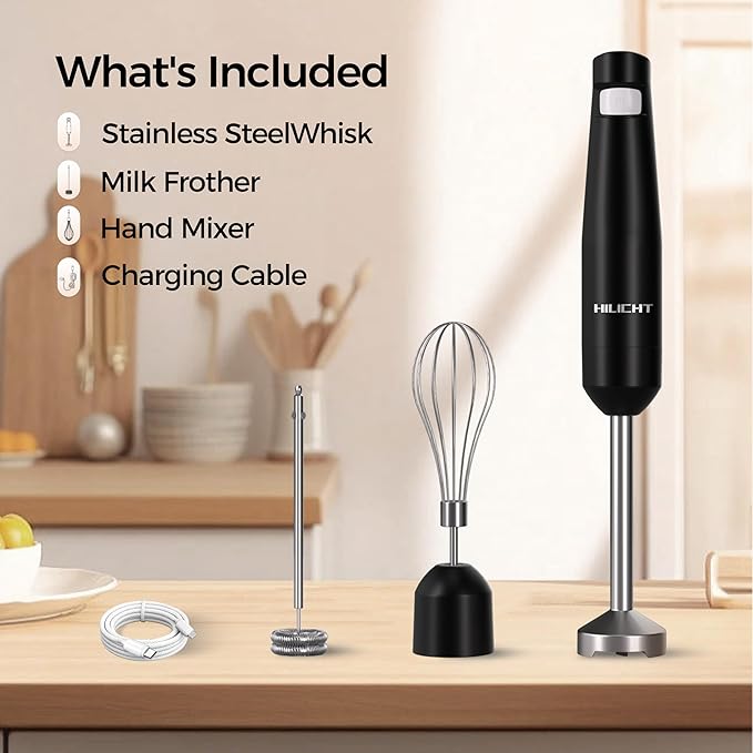 Cordless Hand Blender, 12V Rechargeable Immersion Blender with Brushless Motor, 60+ Bowls per Charge, 2-Blade, Auto Lock, Whisk & Frother for Soup, Smoothies, Baby Food