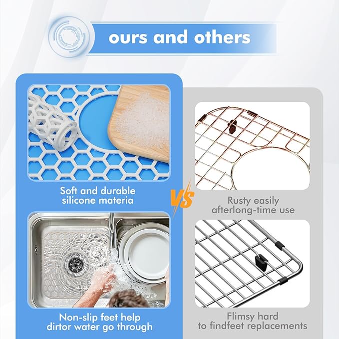 Bestjing 2 Pack Silicone Sink Protectors for Kitchen Sink - 12" x 11" Kitchen Grid Accessory, Non-Slip Heat-Resistant Mat for Bottom of Porcelain Stainless Steel, Dishwasher Safe (White)