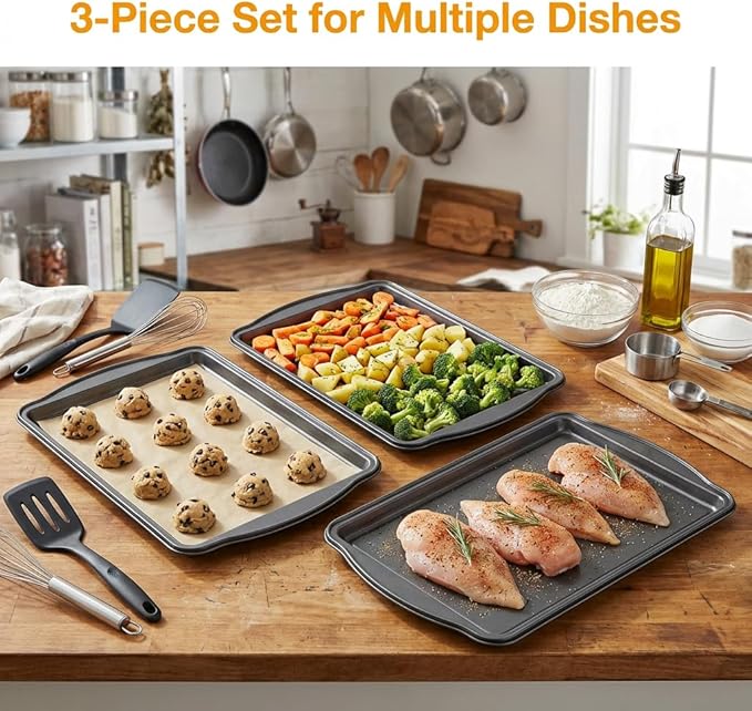 Baking Pan Set of 3 - Carbon Steel Baking Sheets Set, 17 Inch, Nonstick Cookie Sheets for Baking, Rust & Warp Resistant & Stackable, Nontoxic & Heavy Duty & Easy Clean